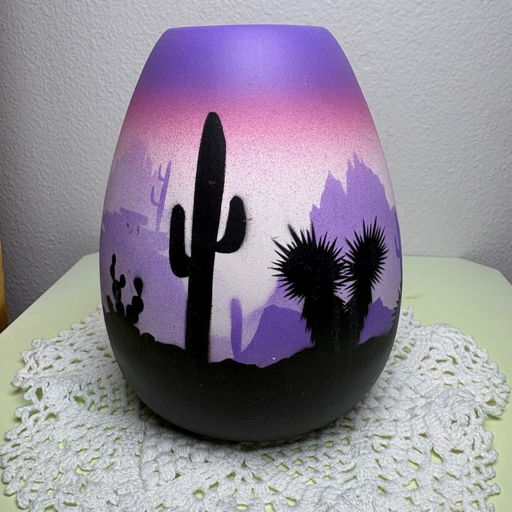 6in Purple Desert Cactus Vase Southwest Boho Hand Painted Pottery
